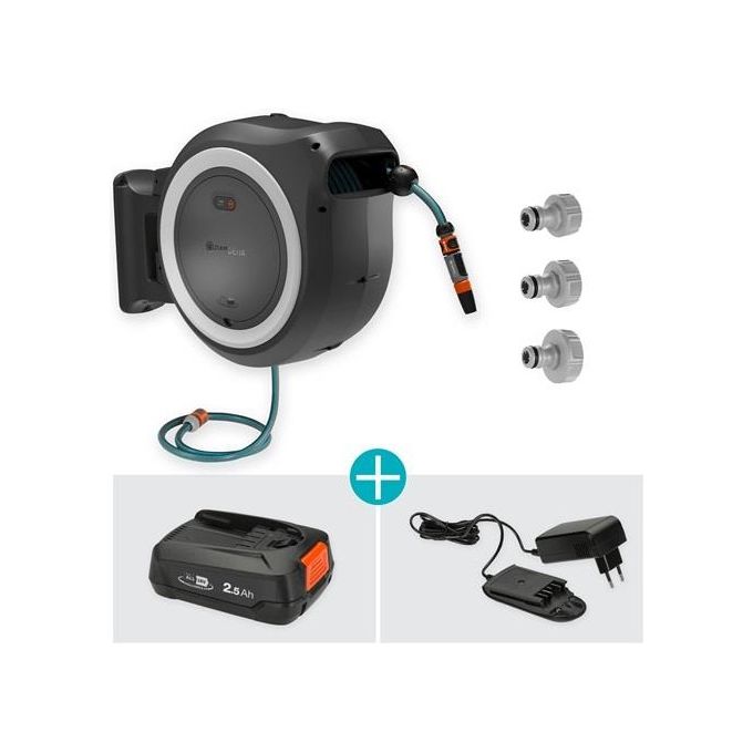 Gardena Avvolgitubo a Parete Batteria Powerroll Xl 18v Set Bianco 35mt