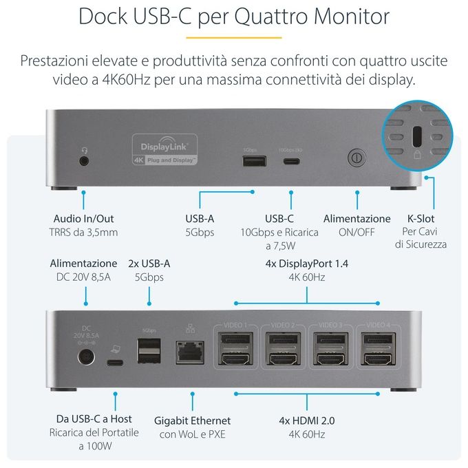 Startech.com Docking Station Usb C Quad Monitor Displayport-Hdmi 4k 60hz Dock Usb-C Multi Hdmi-Dp Power Delivery 100W