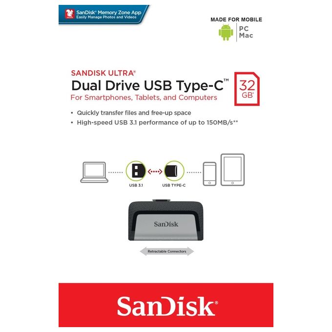 Sandisk Ultra Dual USB Drive Type-C 32 GB, USB 3.1 Type C, Nero-Argento