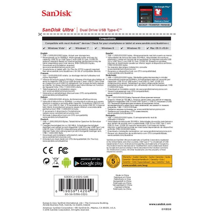Sandisk Ultra Dual USB Drive Type-C 32 GB, USB 3.1 Type C, Nero-Argento