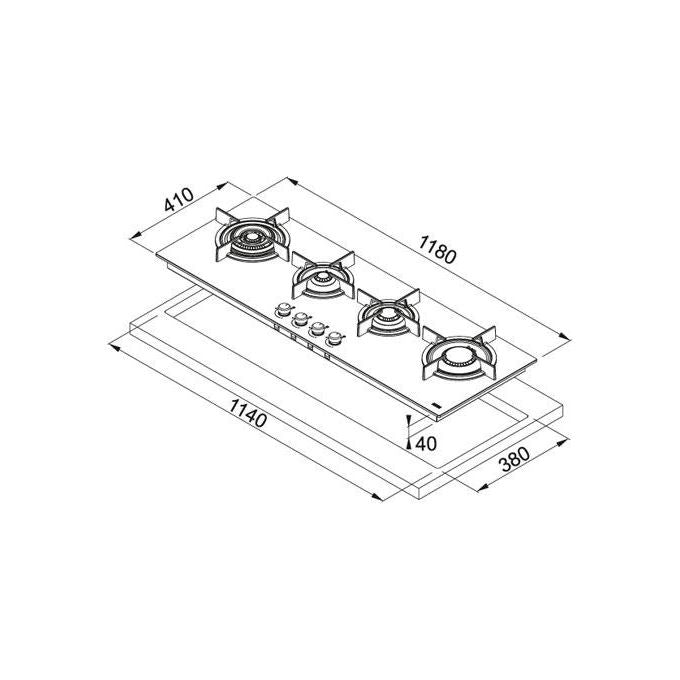 Franke FHCR 1204 3G TC HE BK C Piano Cottura a gas 4 Fuochi 120 cm Cristallo Griglie in ghisa 106.0374.292
