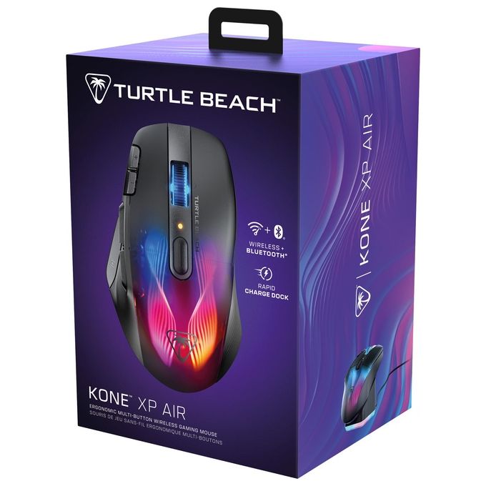 Turtle Beach Kone XP Air - Mouse da gioco wireless RGB ergonomico personalizzabile sensore ottico a 19K DPI 100 ore di batteria e base di ricarica - Nero