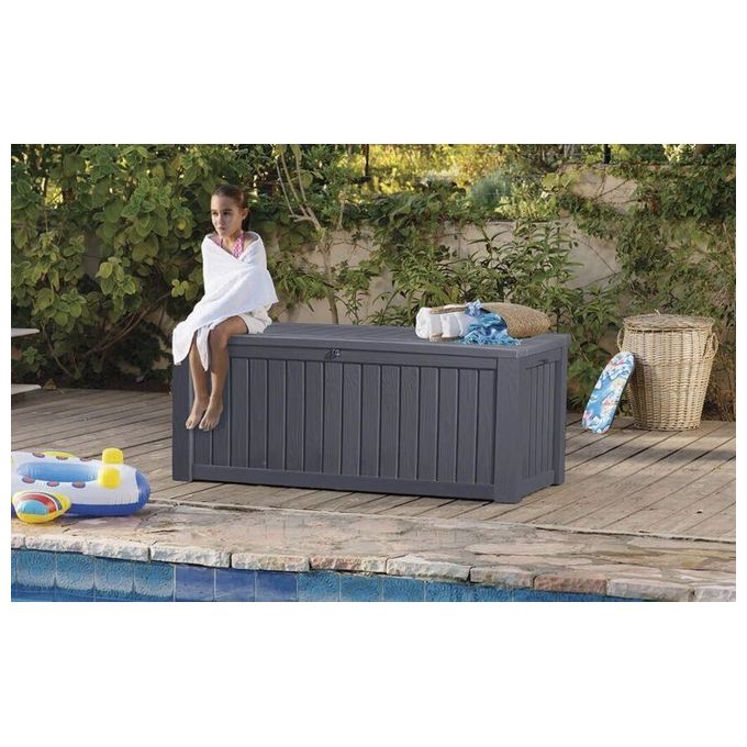 Keter 17197729 Rockwood Baule da Giardino in Resina 570 L Panca Esterna Pistoni a Gas colore Marrone