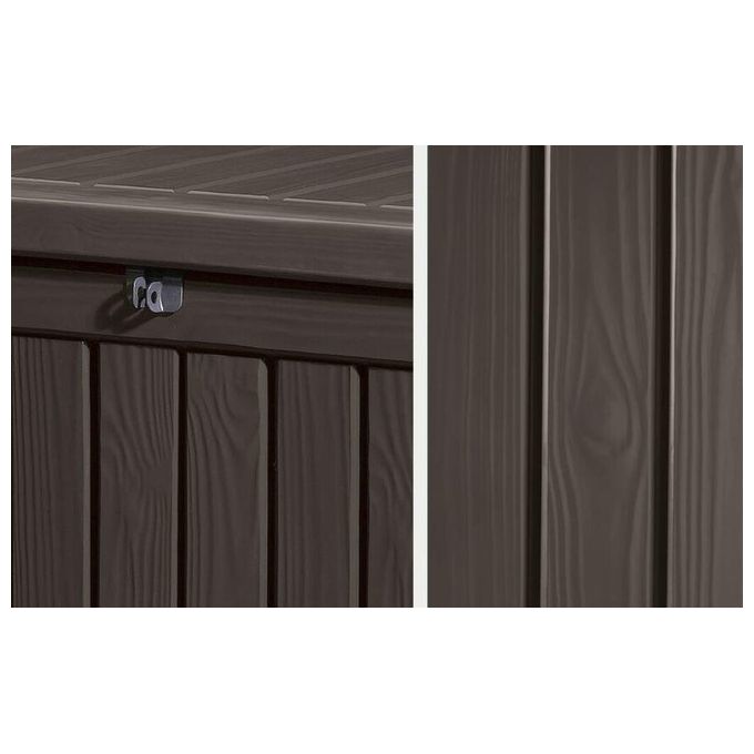 Keter 17197729 Rockwood Baule da Giardino in Resina 570 L Panca Esterna Pistoni a Gas colore Marrone