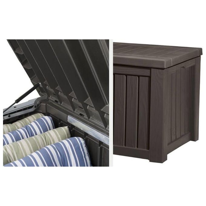 Keter 17197729 Rockwood Baule da Giardino in Resina 570 L Panca Esterna Pistoni a Gas colore Marrone
