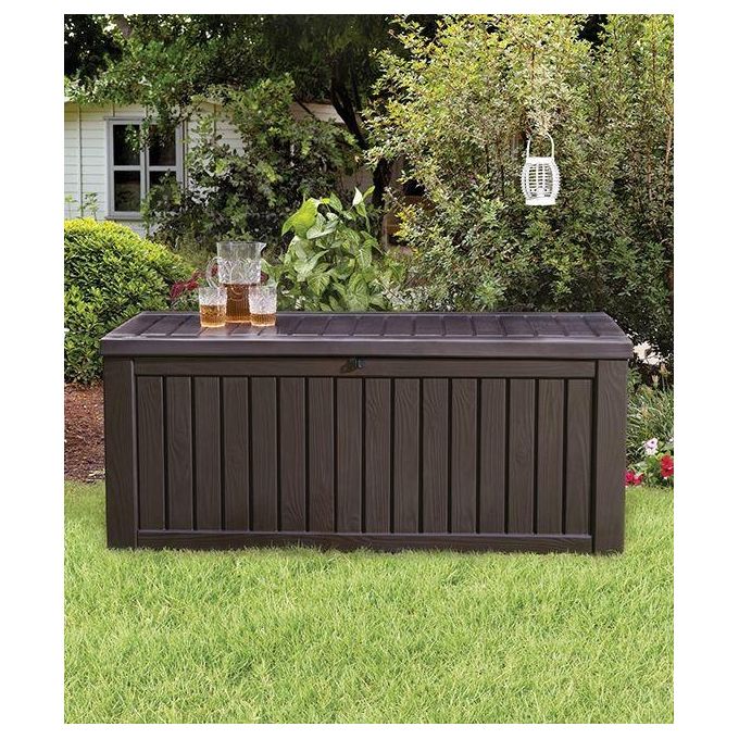 Keter 17197729 Rockwood Baule da Giardino in Resina 570 L Panca Esterna Pistoni a Gas colore Marrone