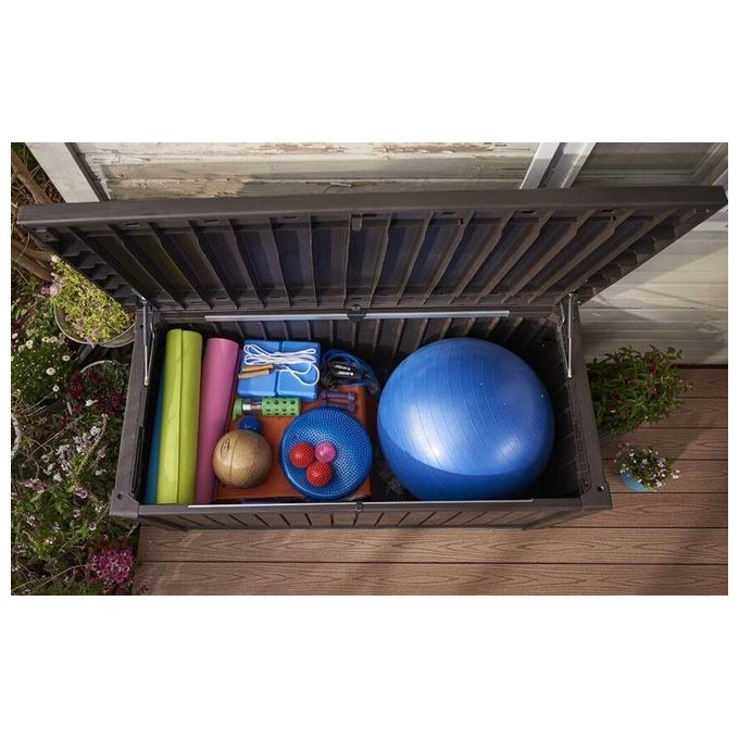Keter 17197729 Rockwood Baule da Giardino in Resina 570 L Panca Esterna Pistoni a Gas colore Marrone