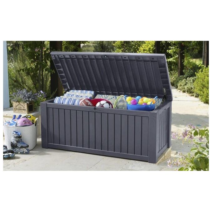 Keter 17197729 Rockwood Baule da Giardino in Resina 570 L Panca Esterna Pistoni a Gas colore Marrone
