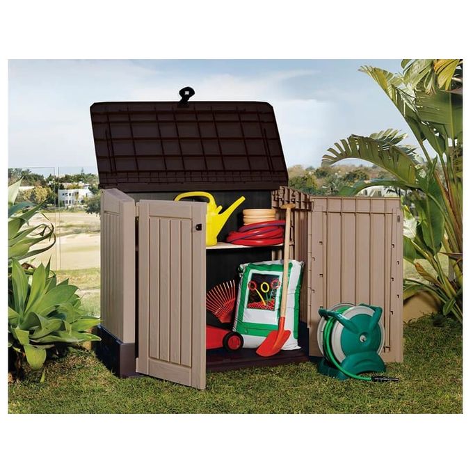 Keter 17210427 Store-It-Out MIDI Box Portattrezzi da Giardino 845 L Doppia Anta Tetto Apribile colore Beige Marrone