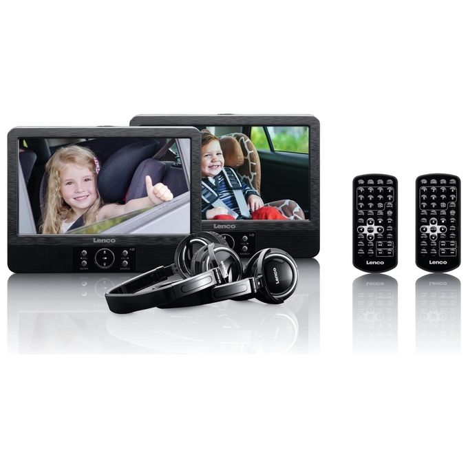 Lenco DVP-939 Lettore DVD Portatile Doppio Schermo 9'' Risoluzione 800 x 480 Pixel USB SD MMC Batteria Ricaricabile Integrata Inclusa Adattatore Auto 12 V Supporto Poggiatesta Cuffie Telecomando colore Nero