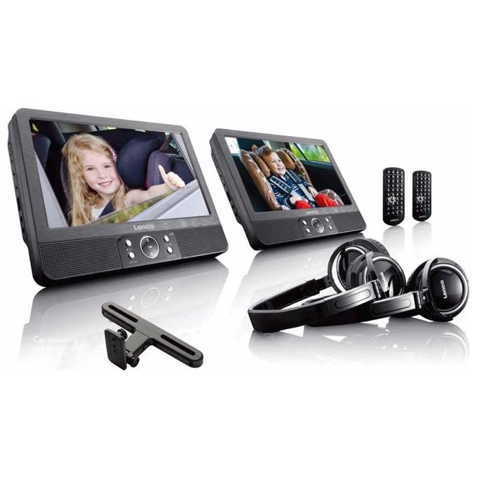 Lenco DVP-939 Lettore DVD Portatile Doppio Schermo 9'' Risoluzione 800 x 480 Pixel USB SD MMC Batteria Ricaricabile Integrata Inclusa Adattatore Auto 12 V Supporto Poggiatesta Cuffie Telecomando colore Nero