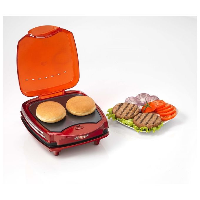 Ariete 185 Party Time - Piastra elettrica per hamburger, 1200 W, Piastre antiaderenti, Indicatore luminoso, Design compatto, Rosso