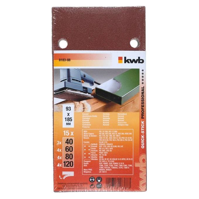 Kwb set 15 Fogli Abrasivi Legno 93x185 mm Preforati per Levigatrici Orbitali con Velcro