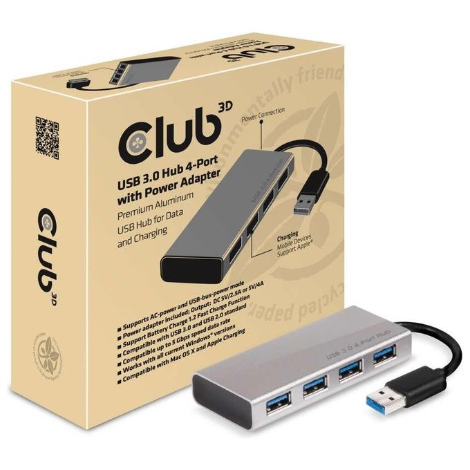 Club3D Adattatore Usb 3.0 4 Port Aluminium Casing