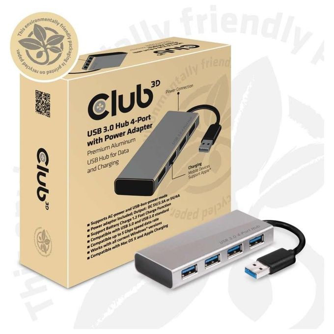 Club3D Adattatore Usb 3.0 4 Port Aluminium Casing
