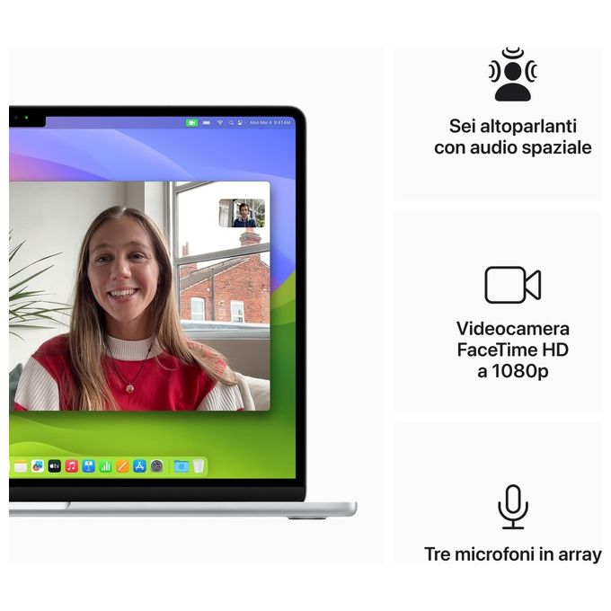 Apple MacBook Air 15'' con Chip M3 Display Liquid Retina 15.3'' Memoria Unificata 8Gb Archiviazione Ssd 512Gb Videocamera FaceTime HD 1080p Touch ID Argento