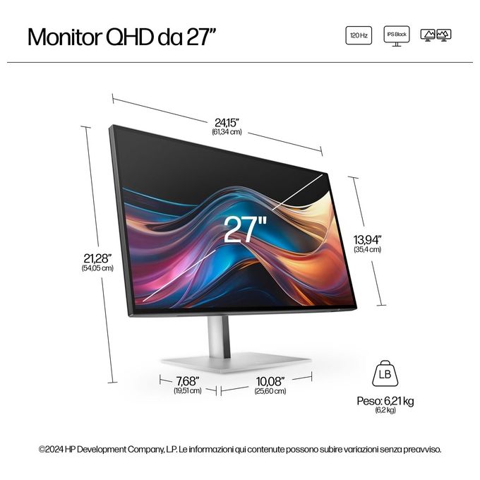 HP 727pq Series 7 Pro monitor LED 27'' 2560 x 1440 QHD @ 120 Hz IPS Black 400 cd-m² 2000:1 DisplayHDR 400 5 ms HDMI DisplayPort nero argento