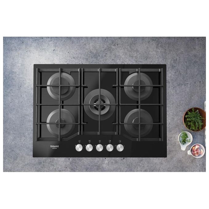 Hotpoint HAGS 72F-BK Serie Cristallo Nero Piano Cottura a Gas 5 Zone 1 Doppia Corona MyMenu Flame Control Griglie in ghisa 73 cm Nero