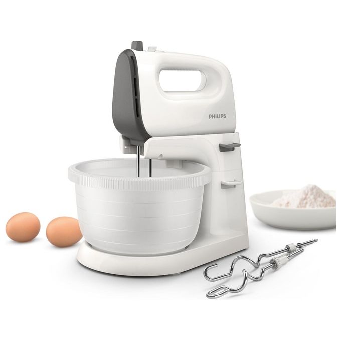 Philips HR3745-00 Viva Collection – Sbattitore elettrico 450 W, 5 velocita' + turbo, ciotola traslucida auto-rotante, ganci per impasto e fruste inclusi, colore Bianco
