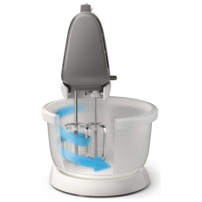 Philips HR3745-00 Viva Collection – Sbattitore elettrico 450 W, 5 velocita' + turbo, ciotola traslucida auto-rotante, ganci per impasto e fruste inclusi, colore Bianco