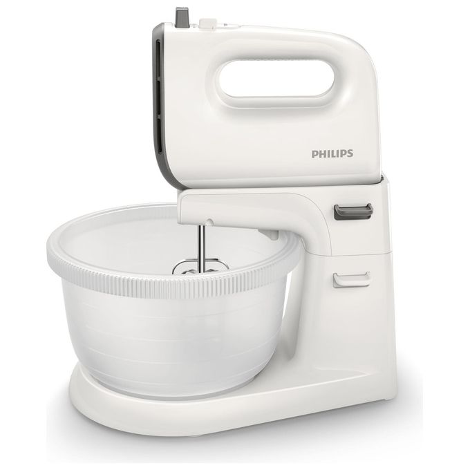 Philips HR3745-00 Viva Collection – Sbattitore elettrico 450 W, 5 velocita' + turbo, ciotola traslucida auto-rotante, ganci per impasto e fruste inclusi, colore Bianco
