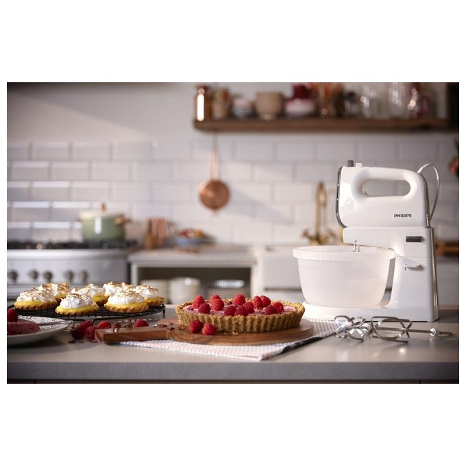 Philips HR3745-00 Viva Collection – Sbattitore elettrico 450 W, 5 velocita' + turbo, ciotola traslucida auto-rotante, ganci per impasto e fruste inclusi, colore Bianco