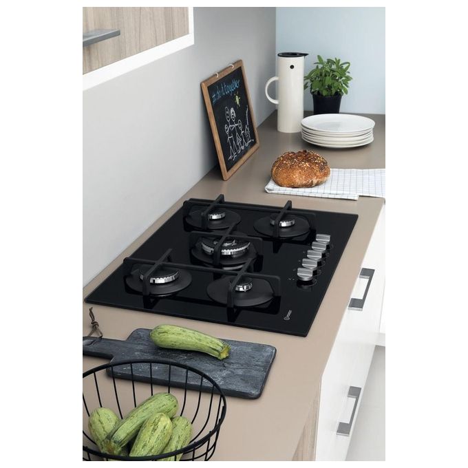 Indesit ING 72T-BK Linea Glass Piano Cottura a Gas 5 Zone 1 High Power Flame Griglie in Ghisa 73 cm Nero