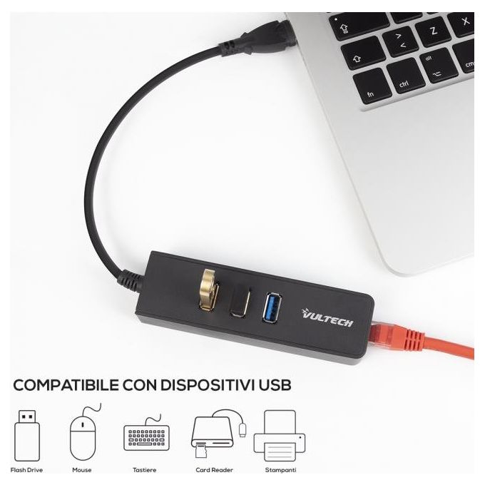 Vultech Hub 3 Porte Usb 3.0 5 Gbps e Porta Rj45