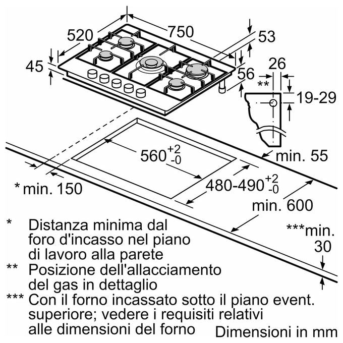 Bosch serie 4 PGQ7B5K90 Piano cottura a gas 4 fuochi FlameSelect Griglie in ghisa 60 cm inox