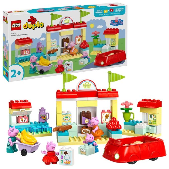 LEGO DUPLO Il Supermercato di Peppa Pig con 4 Personaggi, Set con Macchina Giocattolo e Negozio da Costruire in Mattoncini