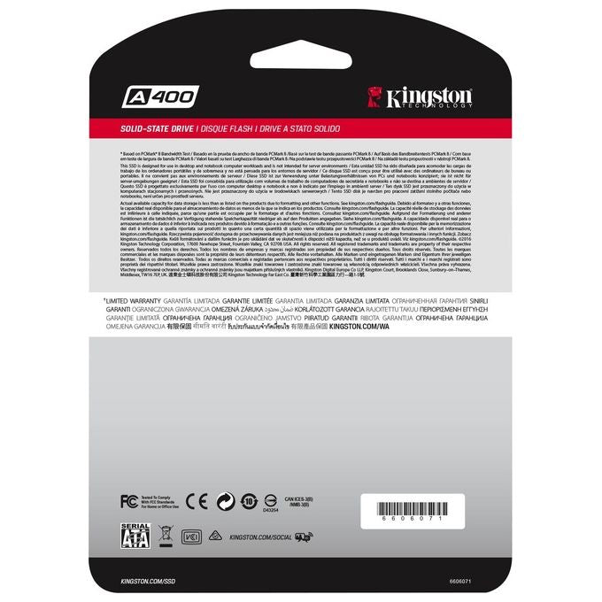 KINGSTON SA400S37-480G Ssd 480Gb Drive a Stato Solido A400 Sata3 2,5
