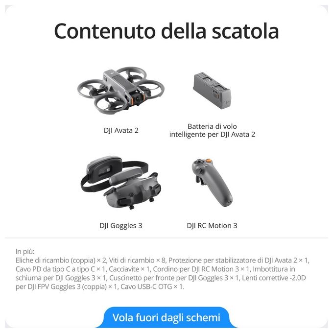 DJI Avata 2 Fly More Combo Drone FPV con Fotocamera 4K Paraeliche Integrati 360 Semplificati con una Sola Pressione Goggles 3 e RC Motion 3 Inclusi