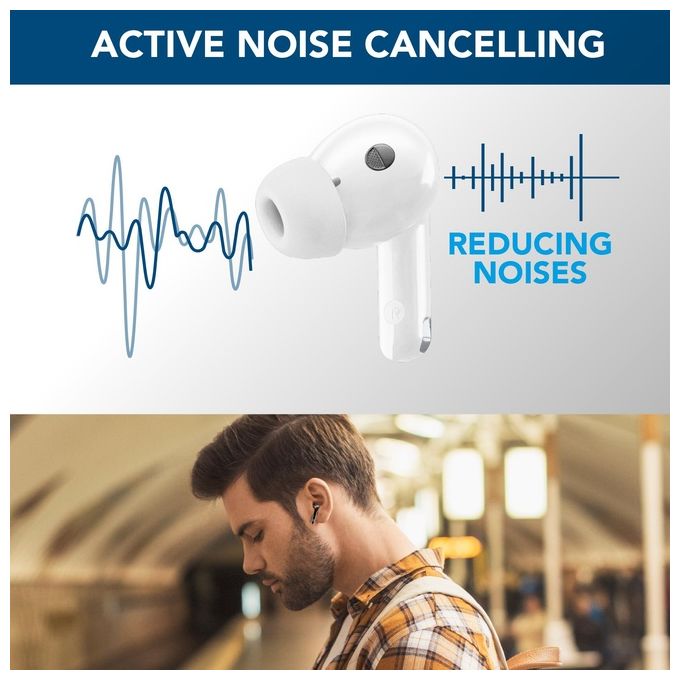 Cellular Line ECLIPSE Auricolari In-Ear Wireless con Custodia di Ricarica Bluetooth con Tecnologia ANC ed ENC Playtime Totale 18 Ore Bianco