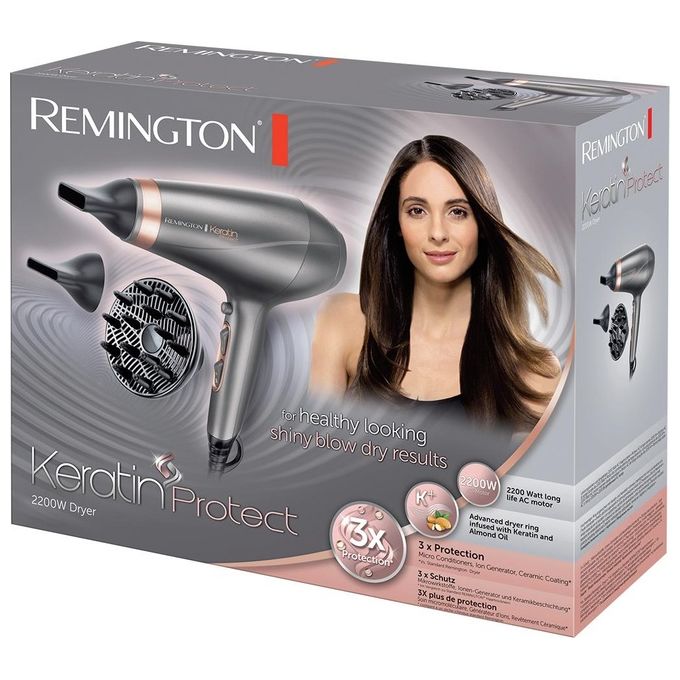 Remington Keratin Protect AC8820 – Asciugacapelli professionale 2200W con motore AC, 3 temperature e 2 velocita', colpo d’aria fredda, tecnologia cheratina-olio di mandorla, concentratore e diffusore inclusi, colore Bronzo-Grigio