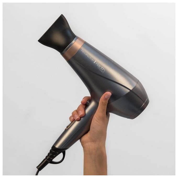Remington Keratin Protect AC8820 – Asciugacapelli professionale 2200W con motore AC, 3 temperature e 2 velocita', colpo d’aria fredda, tecnologia cheratina-olio di mandorla, concentratore e diffusore inclusi, colore Bronzo-Grigio