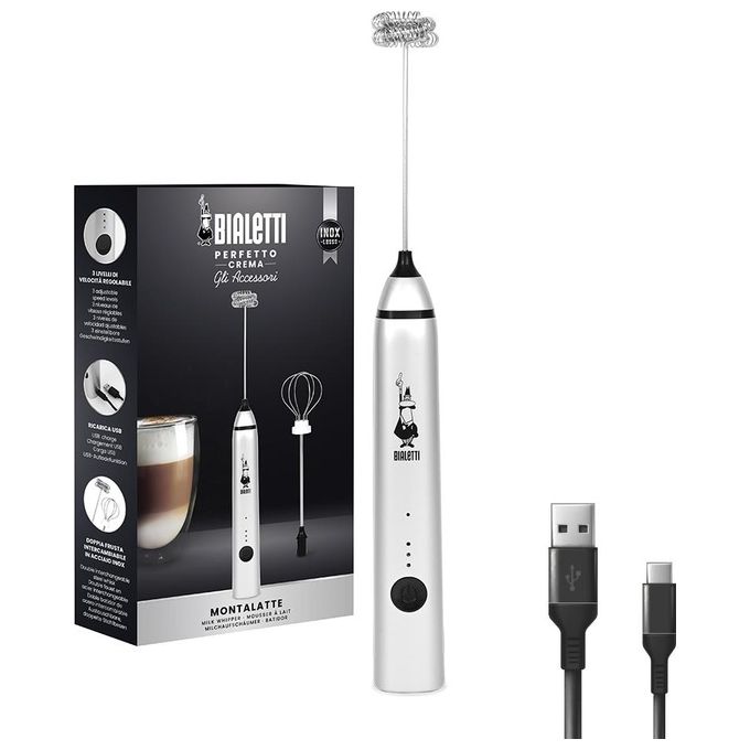 Bialetti Whipper Regolabile su 3 Livelli Doppia Frusta Ricarica USB Acciaio Inossidabile