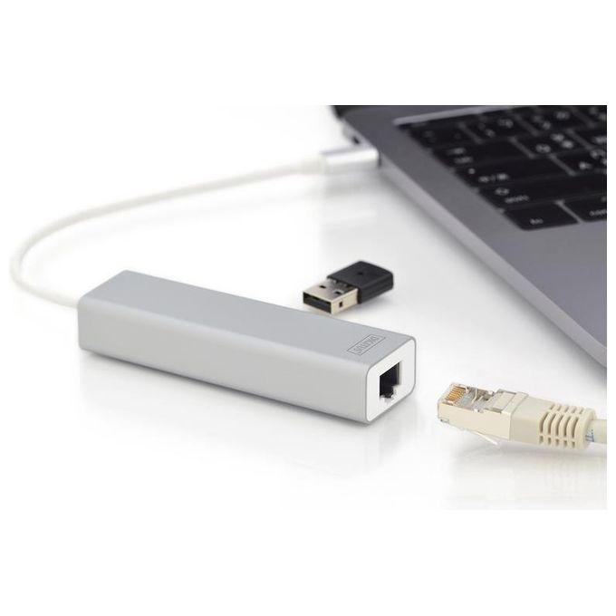 Digitus hub connettore tipo c con 3 porte usb 3.0 + porta rete gigabit