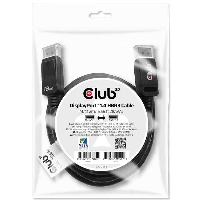 Club3d Cavo Displayport 1.4 Hbr3 Maschio-Maschio 2mt