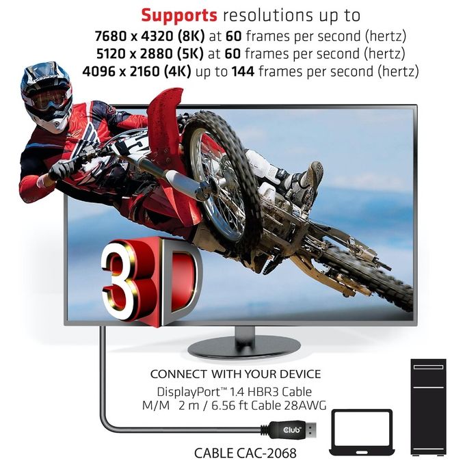 Club3d Cavo Displayport 1.4 Hbr3 Maschio-Maschio 2mt