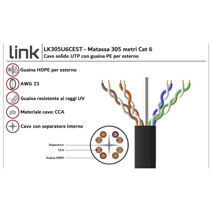 Link Cavo Solido Utp per Reti Categoria 6 Guaina Pe per Esterno Awg23 Materiale Cca Matassa 305mt