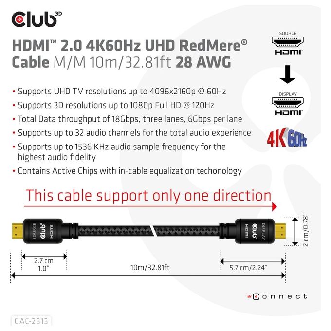 Club3d CAC-2313 Cavo Hdmi 2.0 M a Hdmi 2.0 M Gigh Speed 4K 60hz Ultra Hd RedMere 10mt