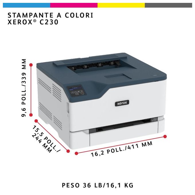 Xerox C230 Stampante A4 22ppm Fronte-Retro Wireless PS3 PCL5e-6 2 Vassoi Totale 251 Fogli