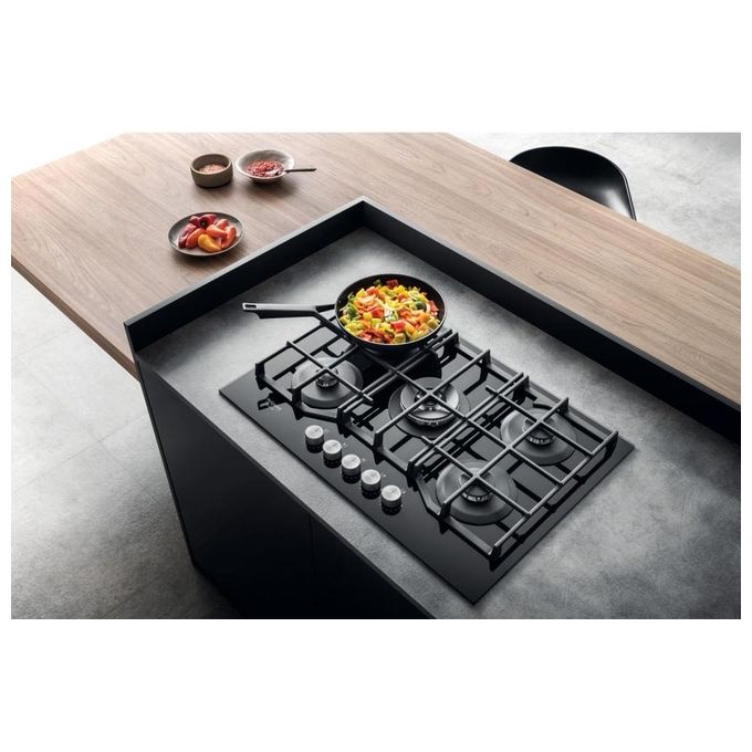 Hotpoint HAGS 72F-BK Serie Cristallo Nero Piano Cottura a Gas 5 Zone 1 Doppia Corona MyMenu Flame Control Griglie in ghisa 73 cm Nero