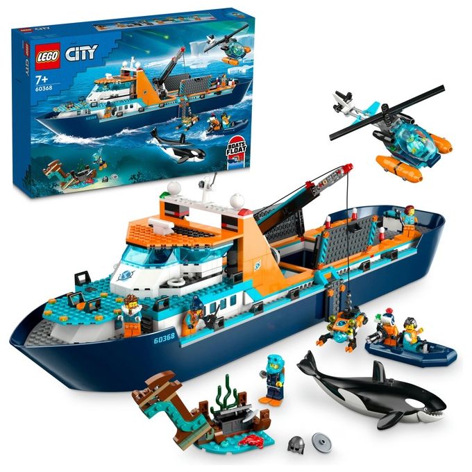 LEGO City 60368 Esploratore Artico, Grande Nave Giocattolo Galleggiante con Elicottero, Gommone, Sottomarino e Relitto Barca
