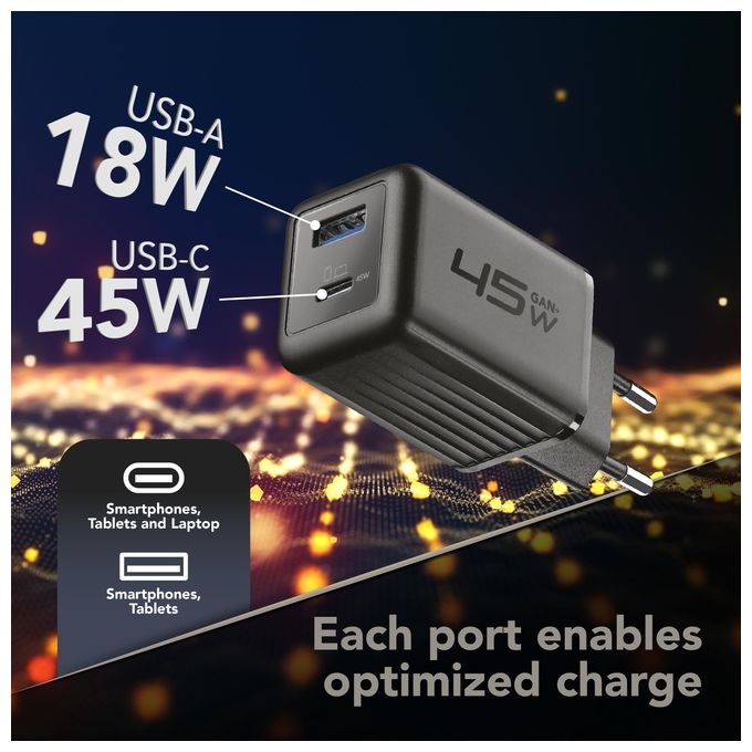 Cellular Line Multipower Micro 45W Caricabatterie da rete veloce ultracompatto 2 porte