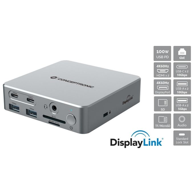 Conceptronic DONN25G Replicatore di Porte e Docking Station per Laptop Cablato Usb 3.2 Gen 2 (3.1 Gen 2) Type-c Argento