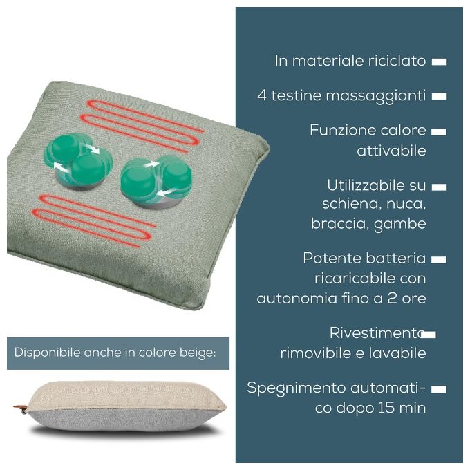 Beurer MG 139 – Cuscino massaggiante a batteria, massaggio Shiatsu con 4 testine rotanti, funzione calore 2 livelli, autonomia fino a 2 h, Rivestimento lavabile, Menta