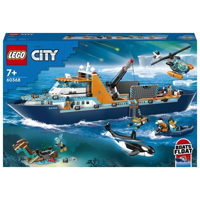 LEGO City 60368 Esploratore Artico, Grande Nave Giocattolo Galleggiante con Elicottero, Gommone, Sottomarino e Relitto Barca