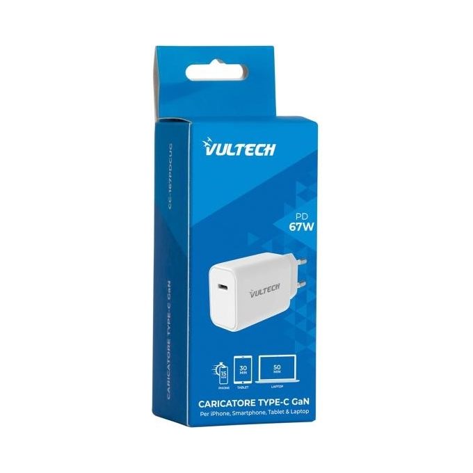 VulTech Caricatore Adattatore Universale 1 Porta Type-C PD67 QC 3.0 Gan 67W PPS Bianco