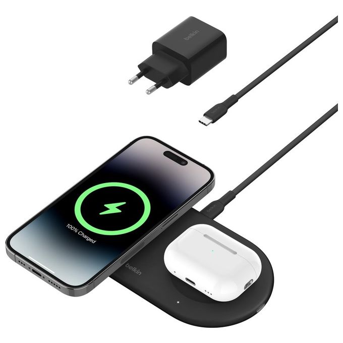 Belkin BoostCharge Pro Tappetino di Ricarica Wireless 2 in 1 con Tecnologia Magnetica Qi2 15W